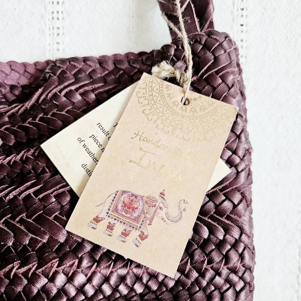 Handcrafted In India Braided Woven Leather Tote Bag Shoulder Purse Purple NWT - Picture 10 of 14